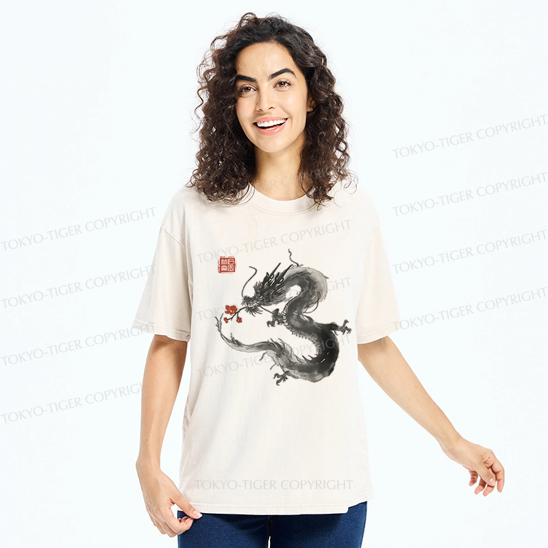 Tokyo-Tiger Dragon Holding A Flower Washed T-Shirt
