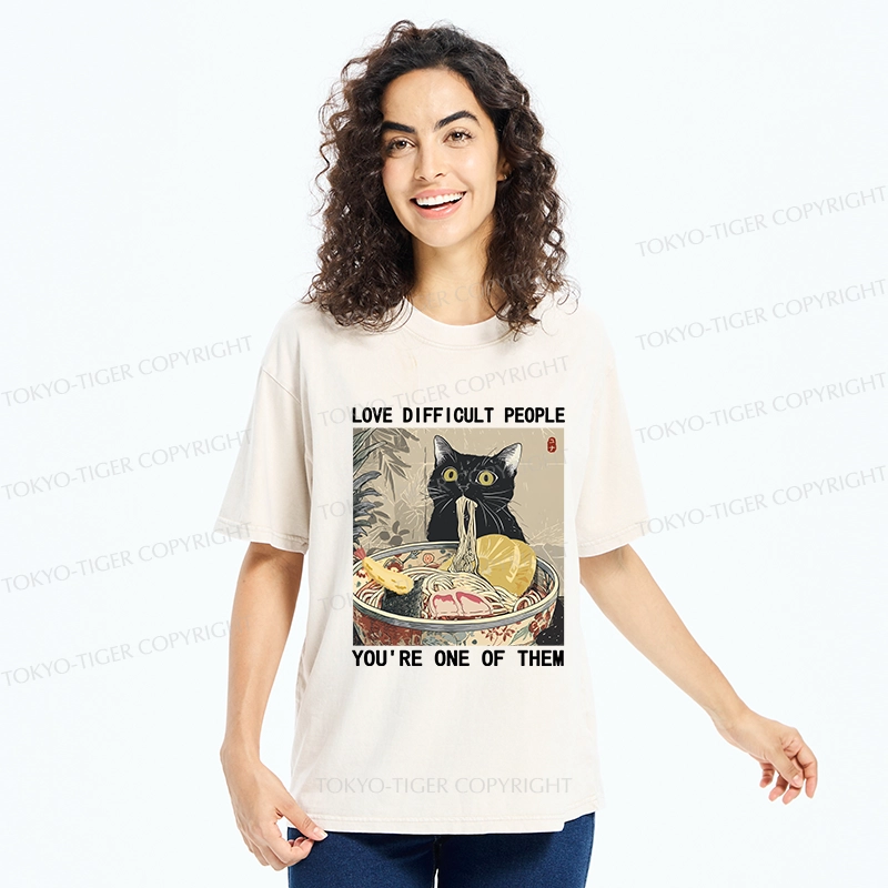 Tokyo-Tiger Kawaii Cat Eating Ramen Washed T-Shirt