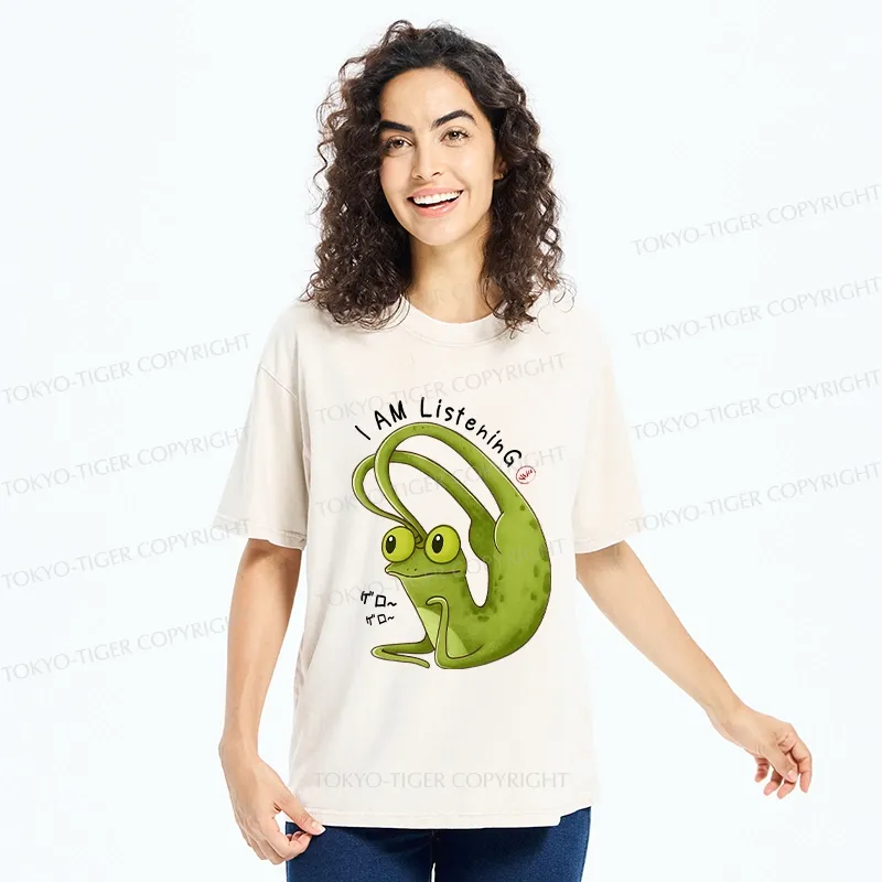 Tokyo-Tiger Funny I Am Listening Washed T-Shirt