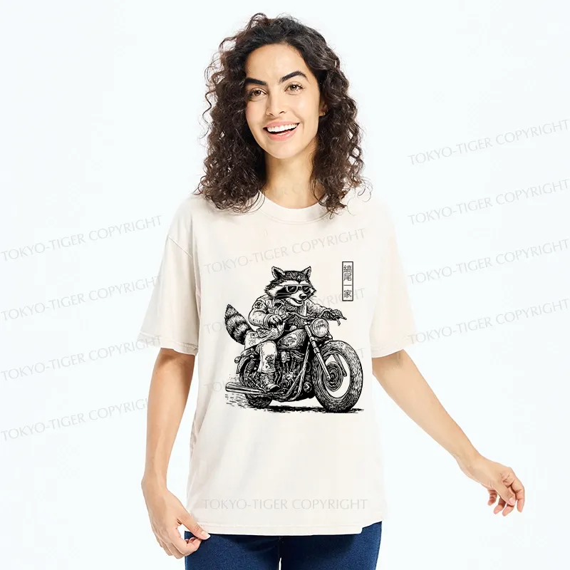 Tokyo-Tiger Raccoon Riding A Motorcycle Washed T-Shirt