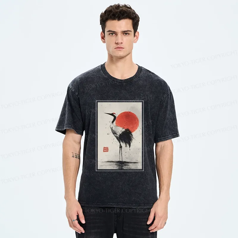 Tokyo-Tiger Retro Japanese Red-crowned Crane Washed T-Shirt
