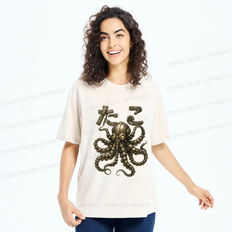 Tokyo-Tiger Mechanical Octopus Washed T-Shirt