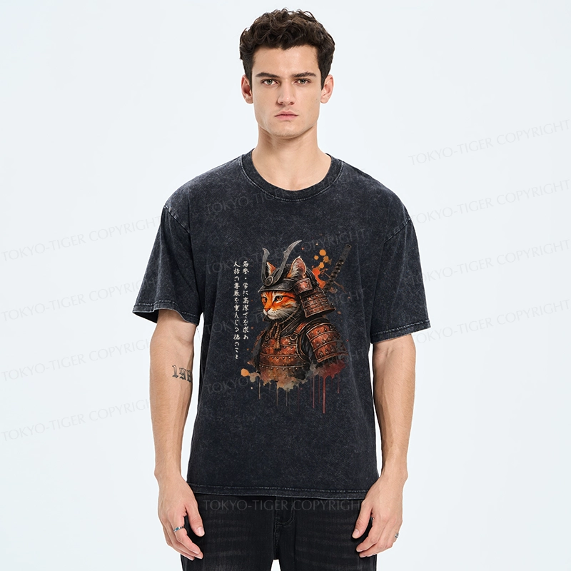 Tokyo-Tiger Vintage Samurai Cat Washed T-Shirt