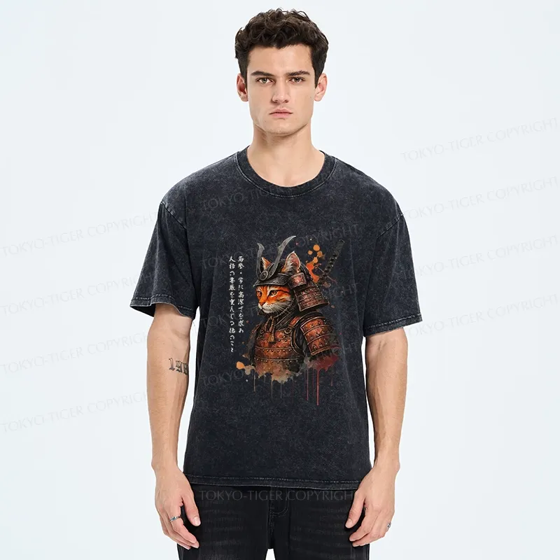 Tokyo-Tiger Vintage Samurai Cat Washed T-Shirt