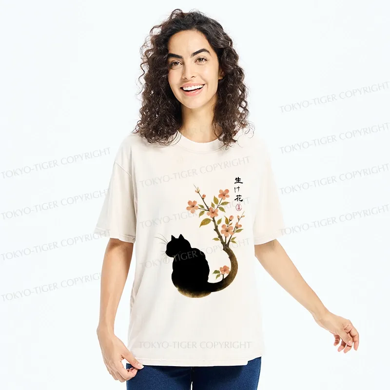 Tokyo-Tiger Retro Cat Tail Flowers Washed T-Shirt