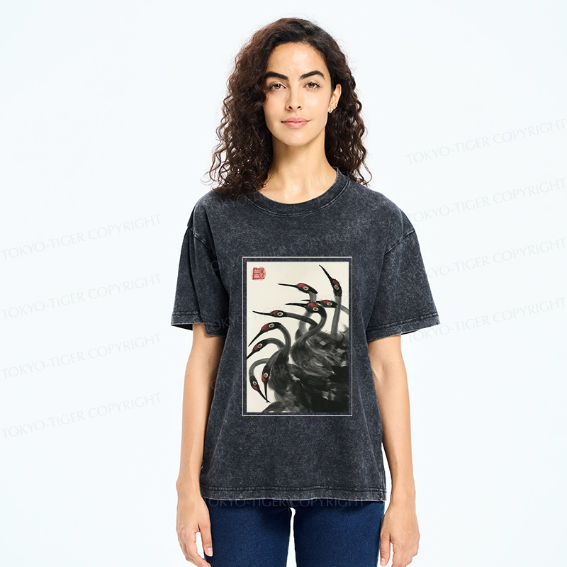 Tokyo-Tiger Retro Red Crowned Crane Washed T-Shirt