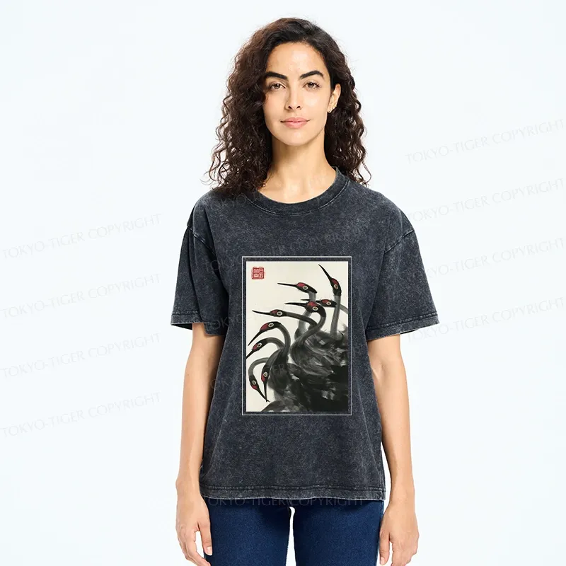 Tokyo-Tiger Retro Red Crowned Crane Washed T-Shirt