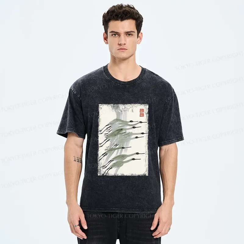 Tokyo-Tiger Flock of Cranes in Flight Washed T-Shirt