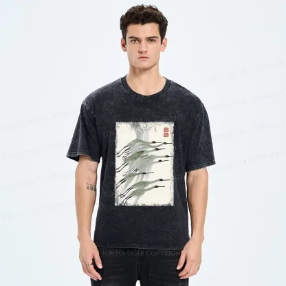 Tokyo-Tiger Flock of Cranes in Flight Washed T-Shirt