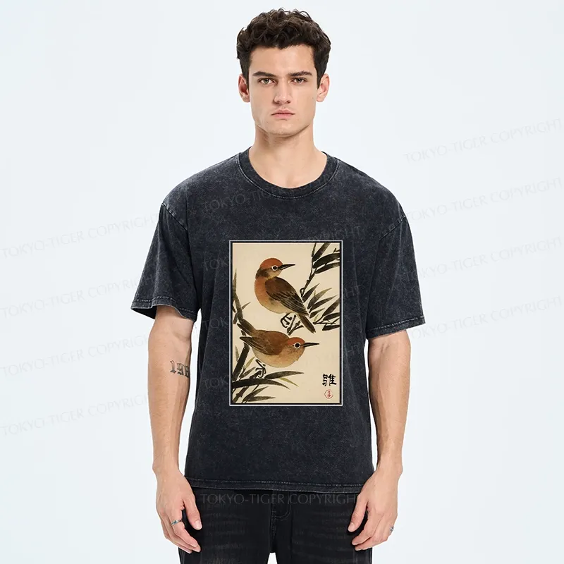 Tokyo-Tiger Sparrows Among Bamboo Washed T-Shirt