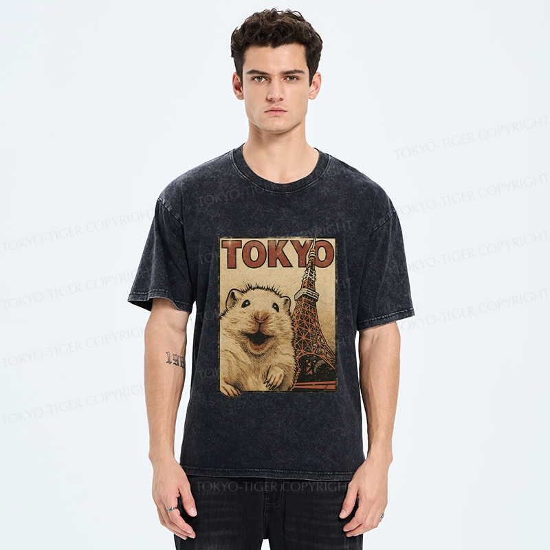 Tokyo-Tiger Happy Hamster Under Tokyo Tower Washed T-Shirt