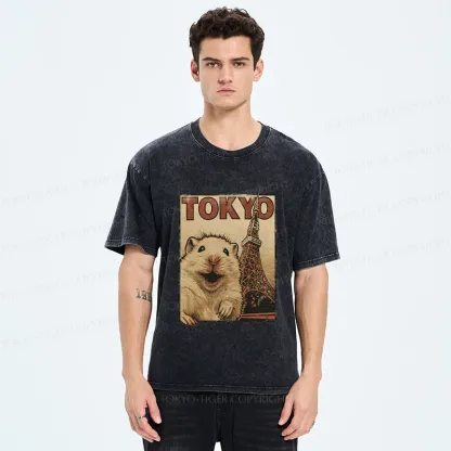 Tokyo-Tiger Happy Hamster Under Tokyo Tower Washed T-Shirt