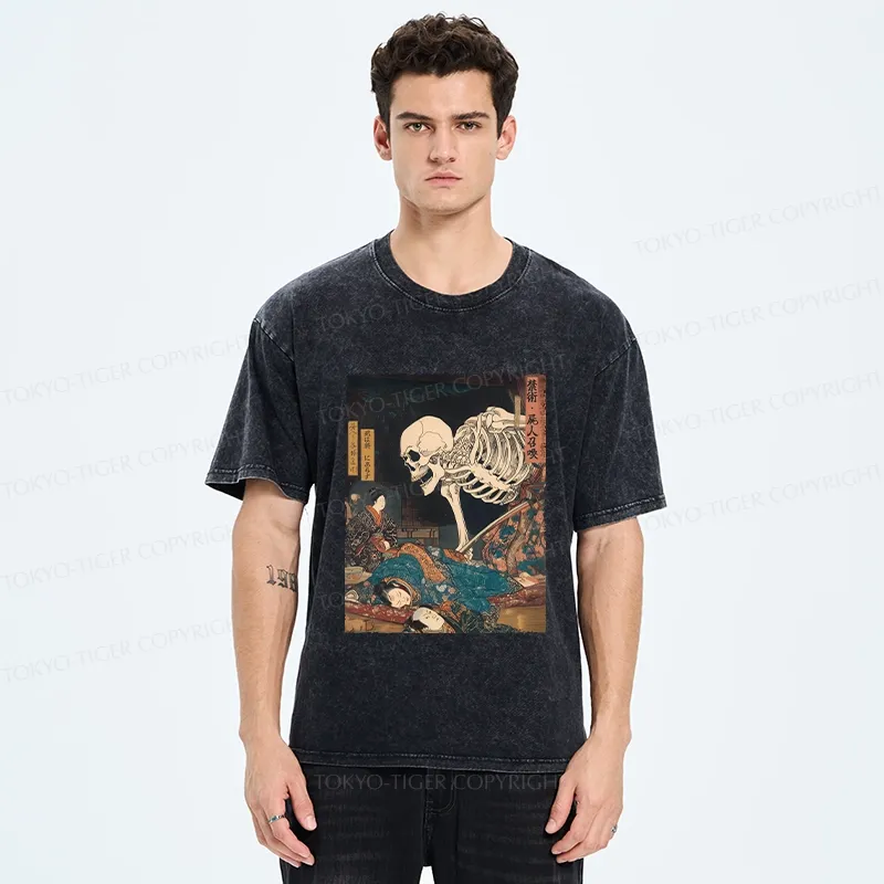 Tokyo-Tiger Ukiyoe Skeleton Yokai Washed T-Shirt