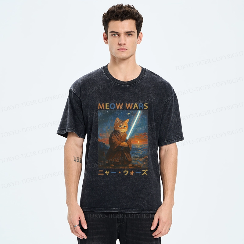 Tokyo-Tiger Funny Meow Wars Washed T-Shirt