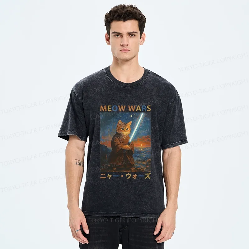 Tokyo-Tiger Funny Meow Wars Washed T-Shirt