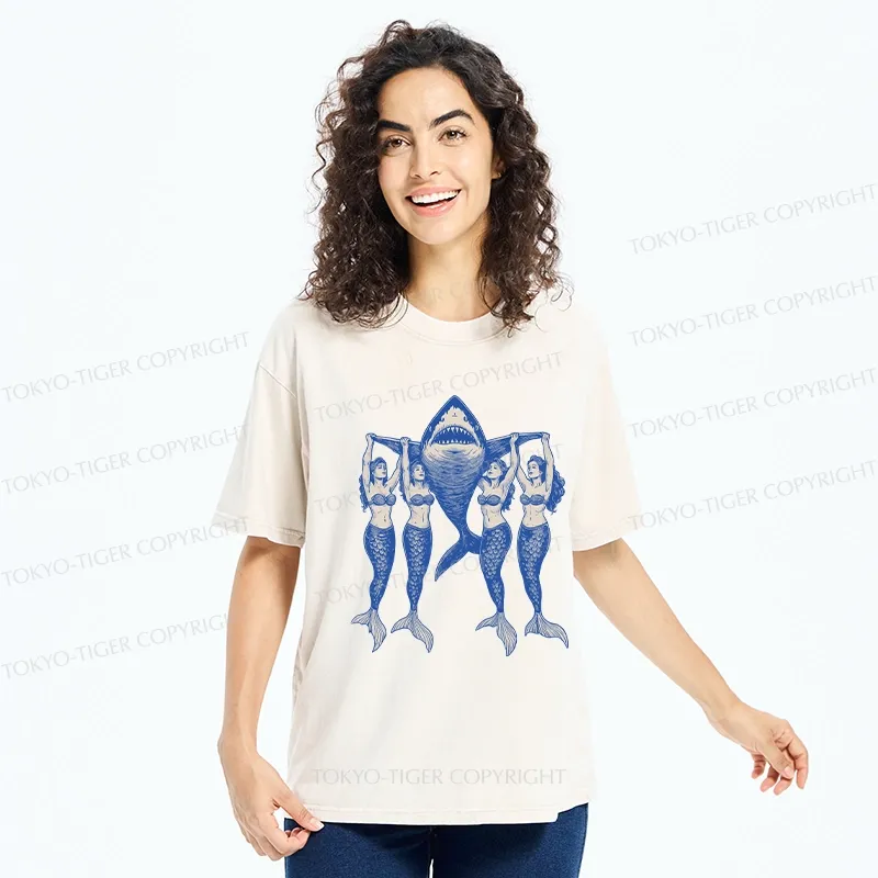 Tokyo-Tiger Mermaids Hoisting The Shark Washed T-Shirt