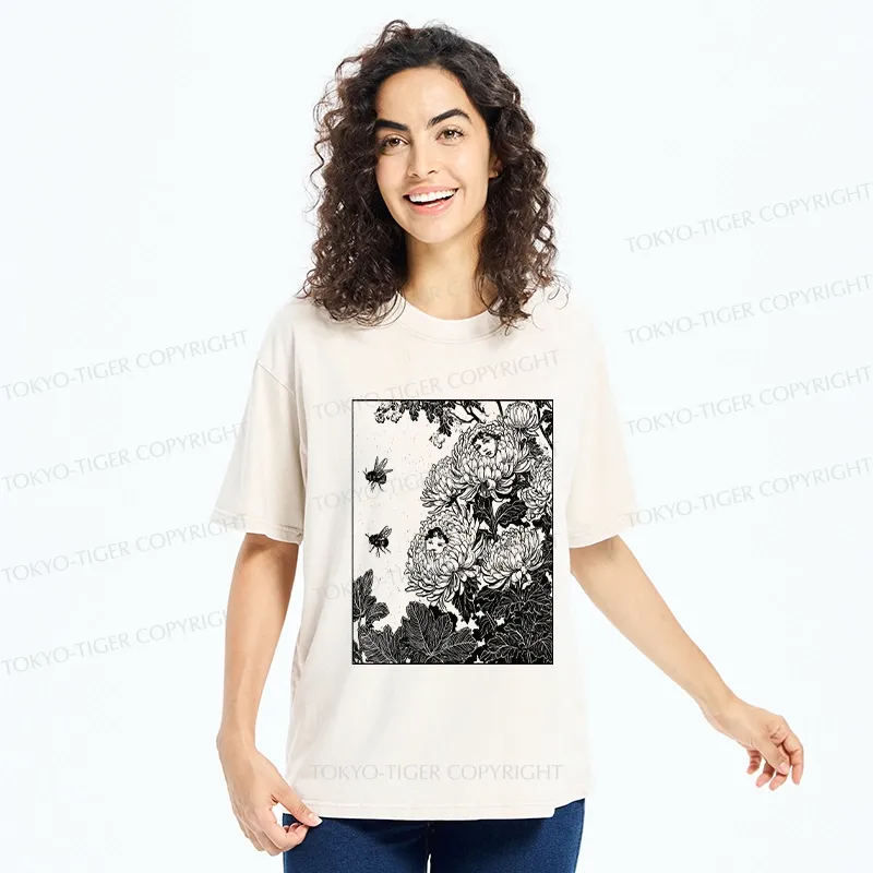 Tokyo-Tiger Chrysanthemums With Hidden Elf Washed T-Shirt