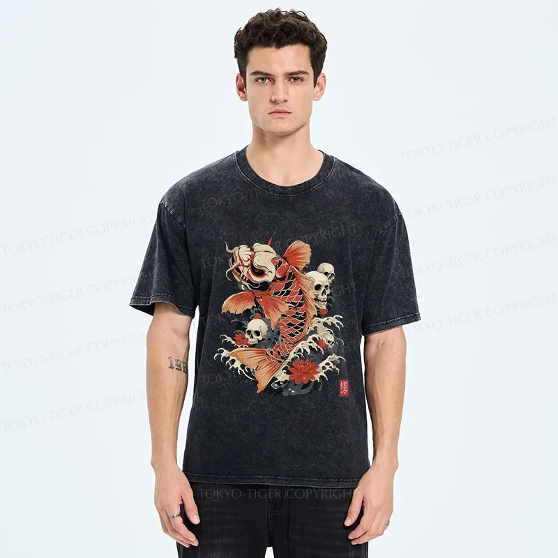 Tokyo-Tiger Japanese Koi And Skull Washed T-Shirt