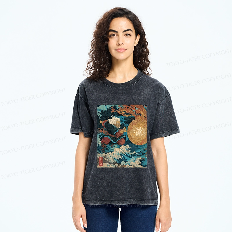 Tokyo-Tiger Samurai Controls Fireball Washed T-Shirt