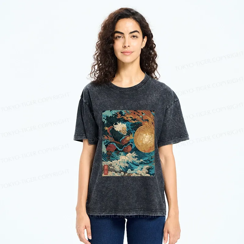 Tokyo-Tiger Samurai Controls Fireball Washed T-Shirt
