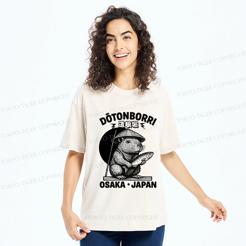 Tokyo-Tiger Capybara Holding A Fish Washed T-Shirt
