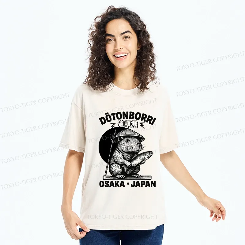 Tokyo-Tiger Capybara Holding A Fish Washed T-Shirt