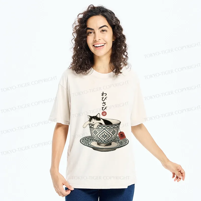 Tokyo-Tiger A Cozy Cat In A Teacup Washed T-Shirt