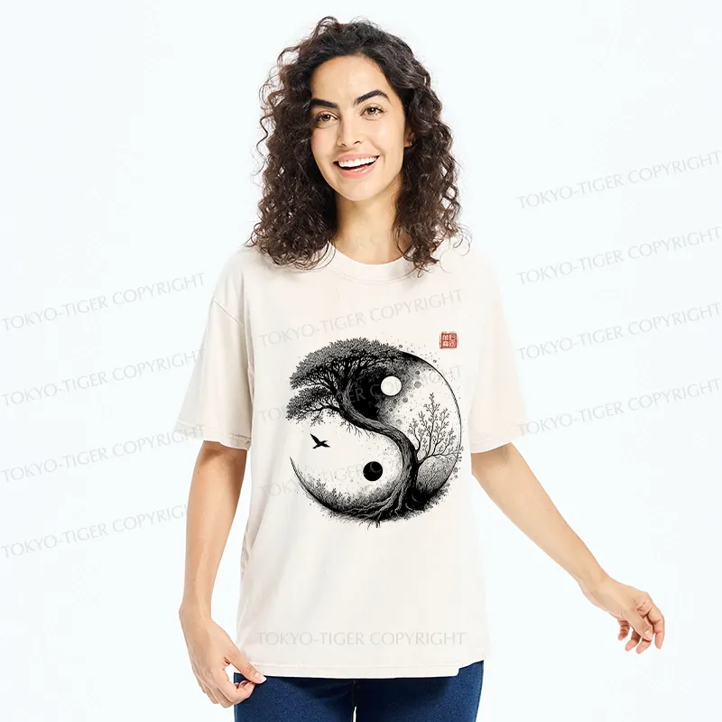 Tokyo-Tiger Yin Yang Bonsai Tree Washed T-Shirt