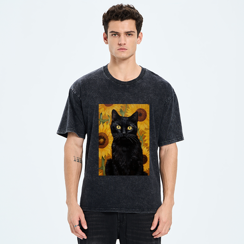 Tokyo-Tiger Black Cat Among Sunflowers Washed T-Shirt