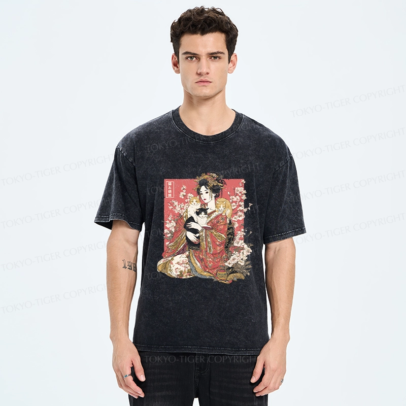 Tokyo-Tiger Geisha And Cats Washed T-Shirt