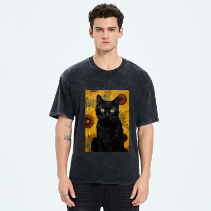 Tokyo-Tiger Black Cat Among Sunflowers Washed T-Shirt