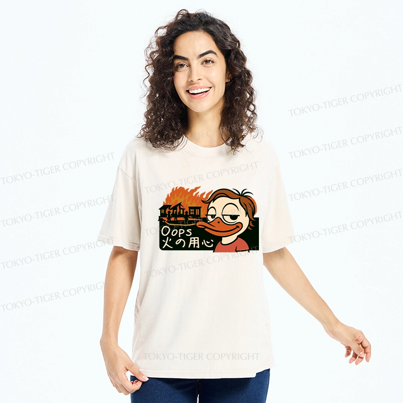 Tokyo-Tiger Oops Fire Safety Funny Washed T-Shirt