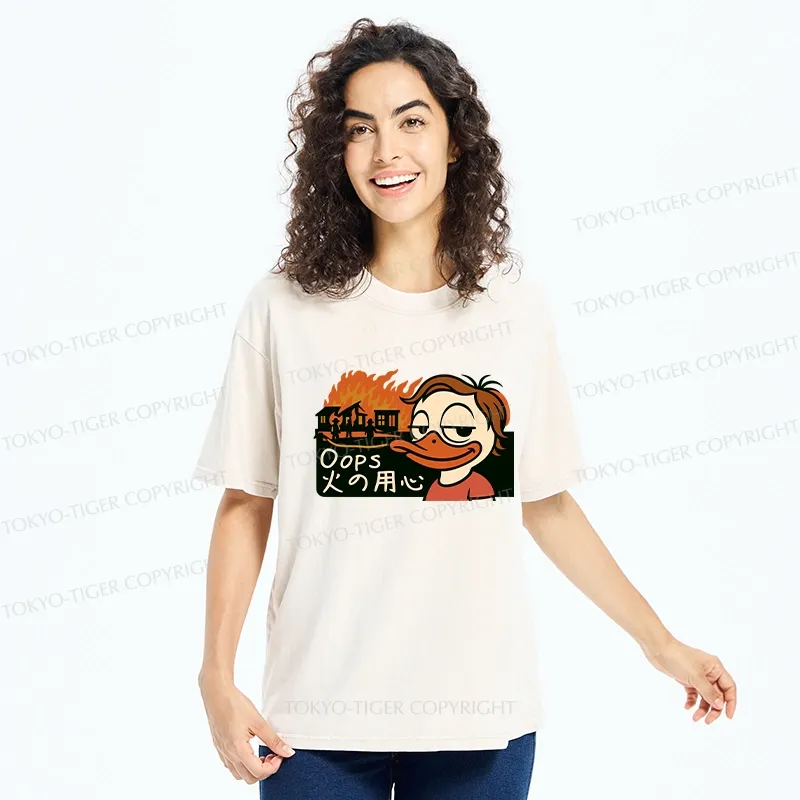 Tokyo-Tiger Oops Fire Safety Funny Washed T-Shirt