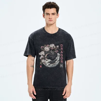 Tokyo-Tiger The Sakura Dragon Meets Wave Washed T-Shirt
