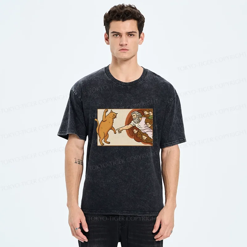 Tokyo-Tiger Naughty Cat Funny Washed T-Shirt