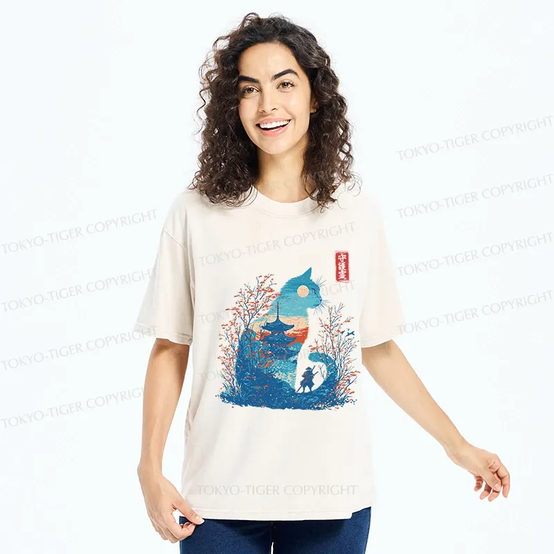 Tokyo-Tiger Cat Guardian Silhouette Washed T-Shirt
