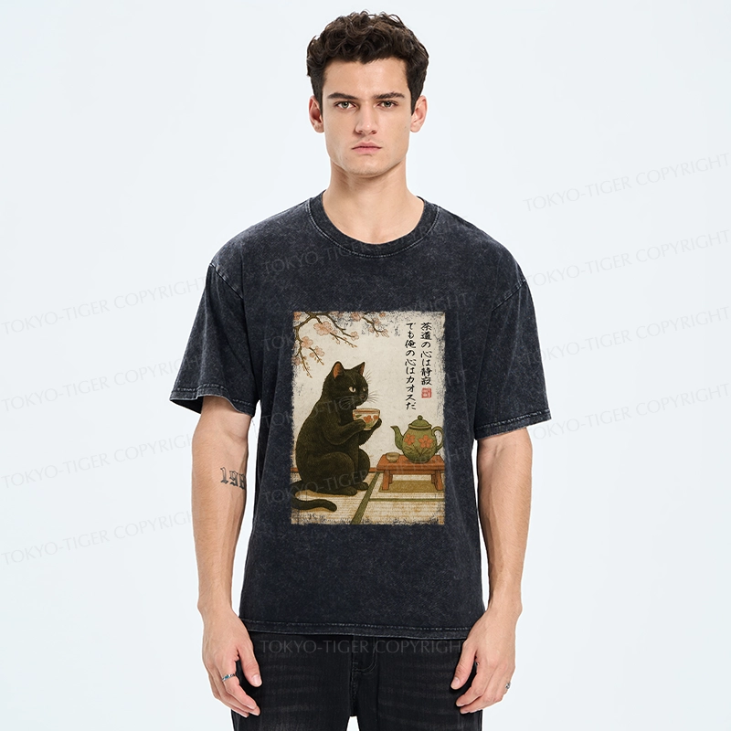 Tokyo-Tiger Tea Time With A Black Cat Washed T-Shirt