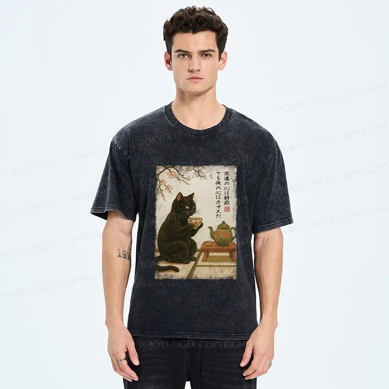 Tokyo-Tiger Tea Time With A Black Cat Washed T-Shirt