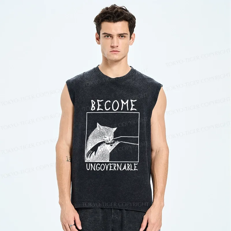 Tokyo-Tiger Cat Biting Arm Washed Tank