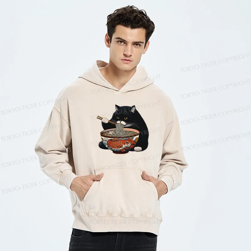 Tokyo-Tiger Fat Cat Eating Ramen Washed Hoodie
