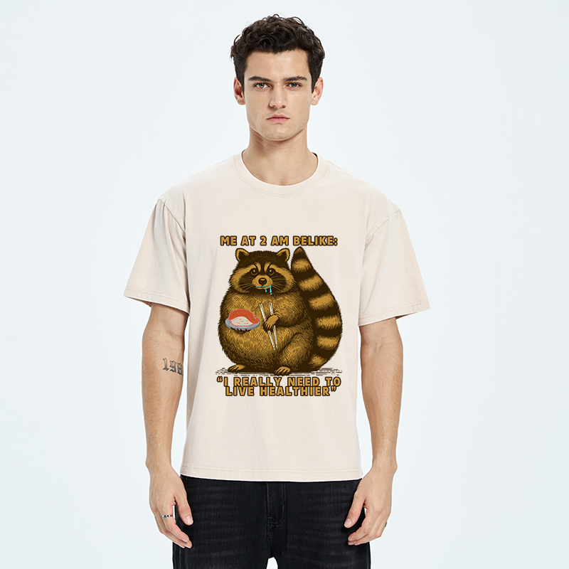 Tokyo-Tiger Fat Raccoon Eating Sushi Washed T-Shirt