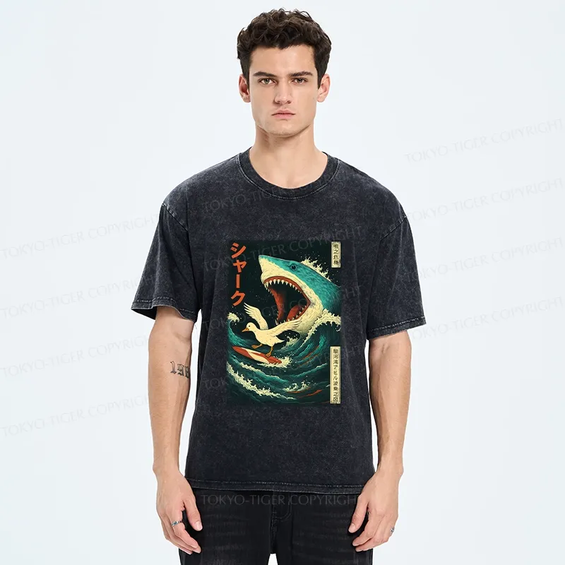 Tokyo-Tiger Duck Riding The Waves Washed T-Shirt