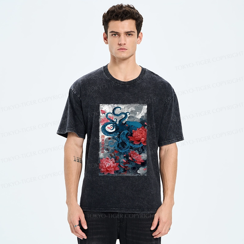 Tokyo-Tiger Deep Sea Retro Octopus Washed T-Shirt