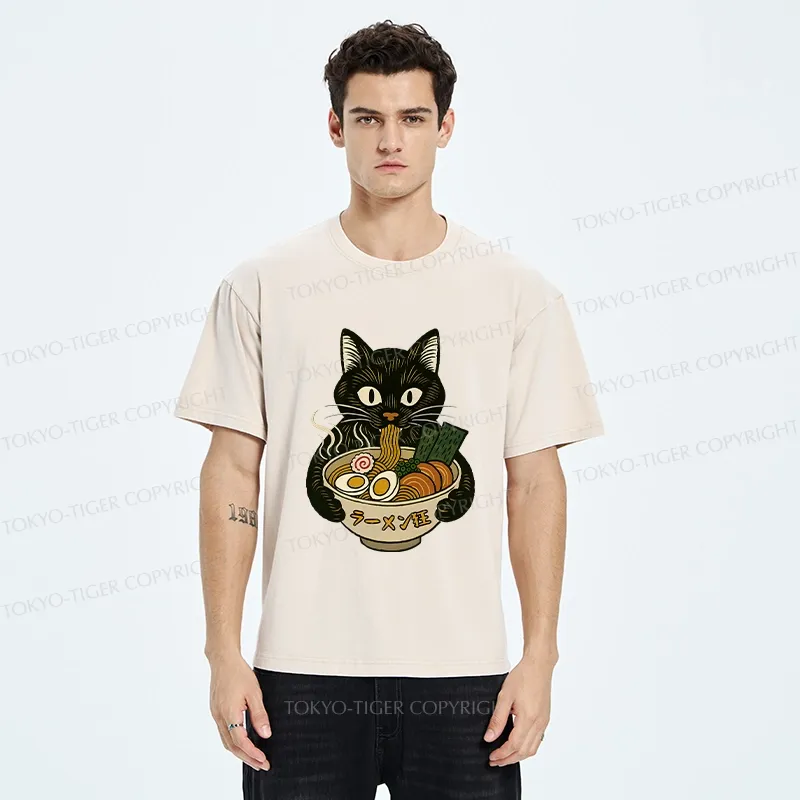 Tokyo-Tiger Ramen Fanatic Cat Washed T-Shirt