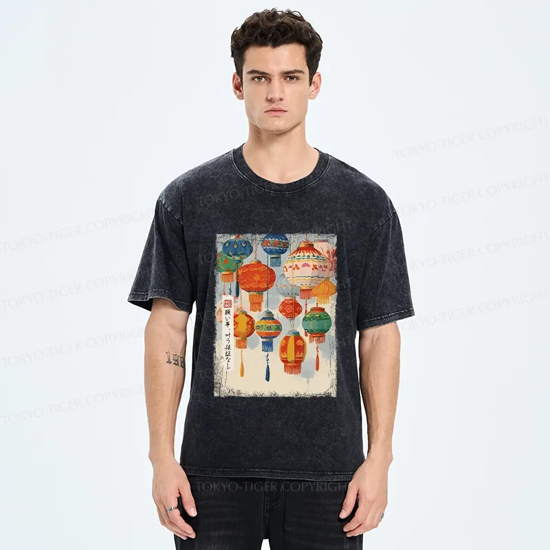 Tokyo-Tiger Retro Traditional Lantern Washed T-Shirt