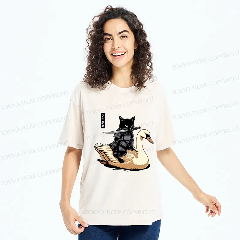 Tokyo-Tiger Black Cat Samurai Riding A Goose Washed T-Shirt