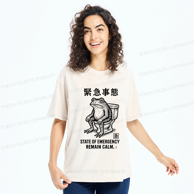 Tokyo-Tiger Funny Remain Calm Frog Washed T-Shirt