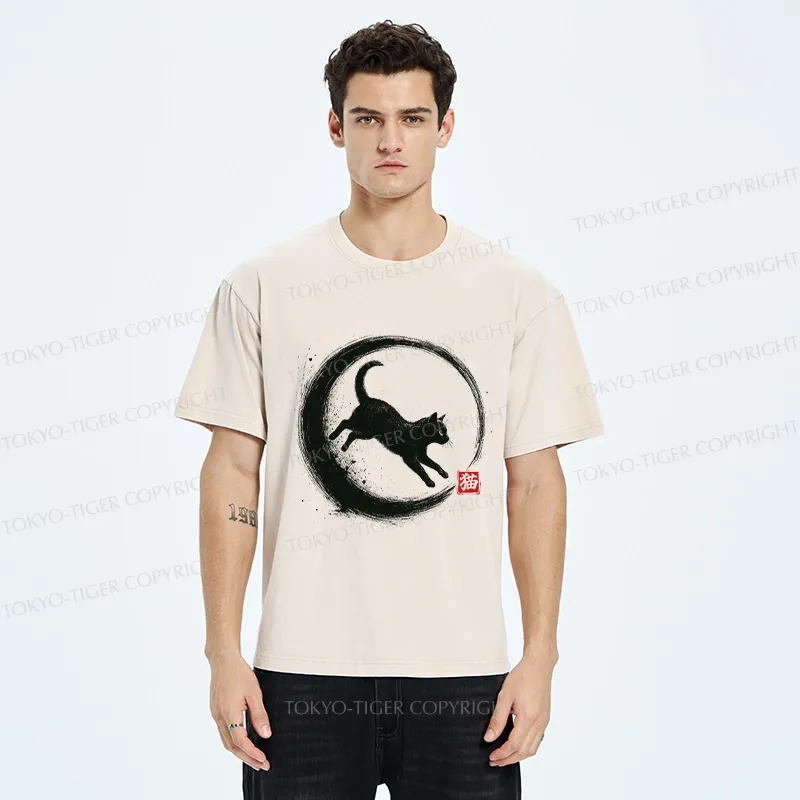 Tokyo-Tiger Retro Cat Enso Japanese Washed T-Shirt