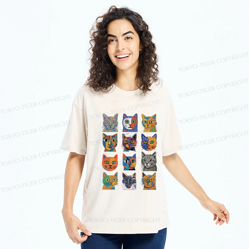 Tokyo-Tiger Abstract Cats Collection Washed T-Shirt