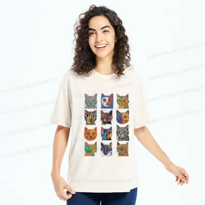 Tokyo-Tiger Abstract Cats Collection Washed T-Shirt